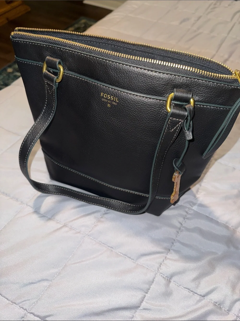Fossil Black Pebbled Leather Shoulder Bag with Gold Hardware